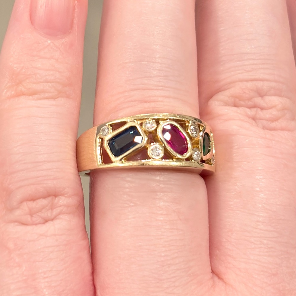Vintage 14K Natural Precious Gemstone Ring Ruby Sapphire Emerald Diamond 7.5 - Picture 4 of 17